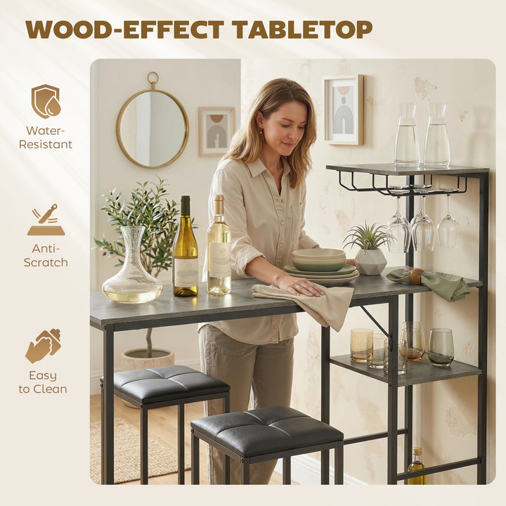 3 Piece Breakfast Bar Table and Stools Set, Washed Grey