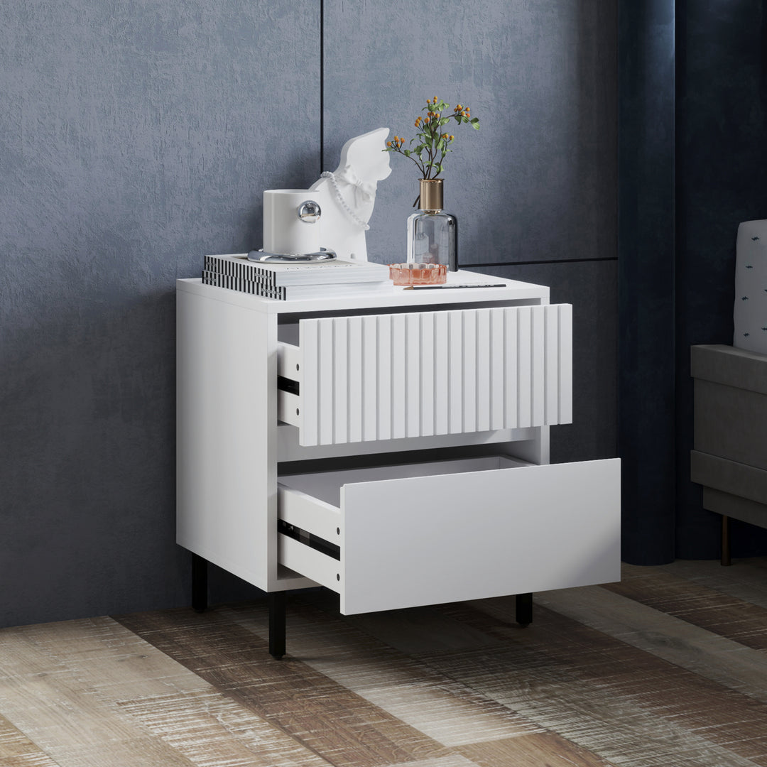 Simple Line Indented Two-Drawer Bedside Table Set of 2 - White