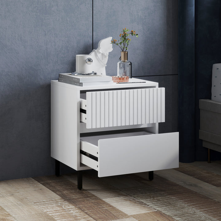 Simple Line Indented Two-Drawer Bedside Table Set of 2 - White