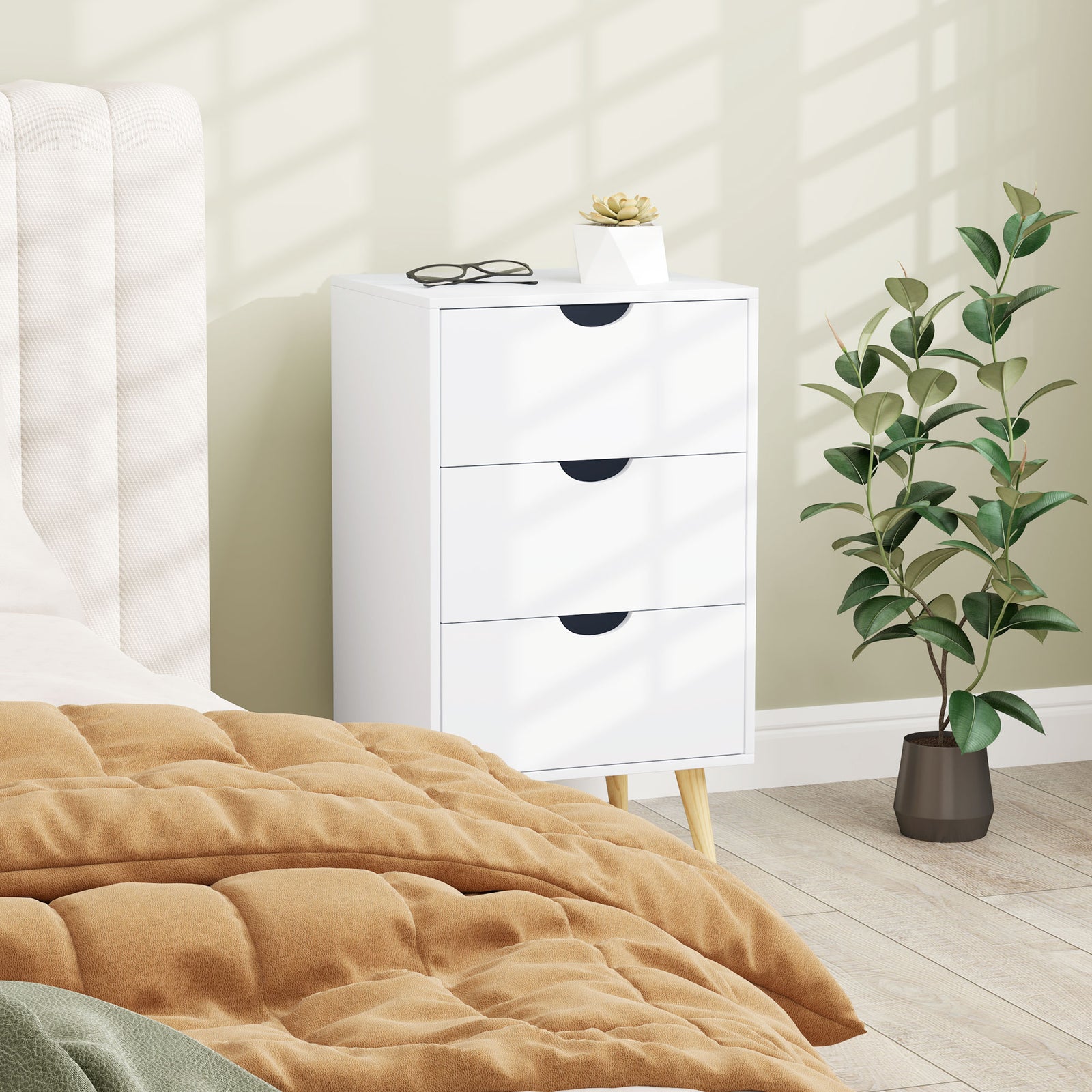 Bedside Table, Bedside Cabinet with 3 Drawers, Small Side Table with Wood Legs and Cut-out Handles for Bedroom, Cream White