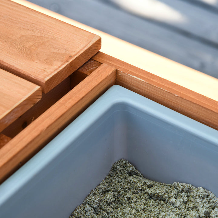 MCL Kids Picnic Table with Benches, Wooden Sand and Water Table, Adjustable Parasol, Storage Bins, for Kids 3-6 Years, Brown