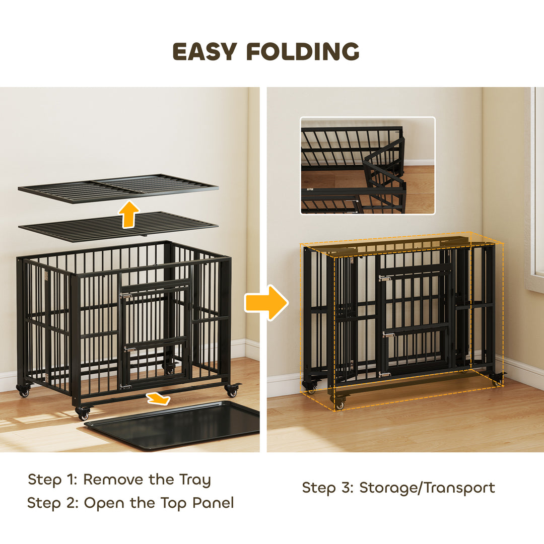 43" Heavy Duty Dog Crate, Foldable Dog Cage, with Openable Top, Locks, Removable Tray, Wheels - Black