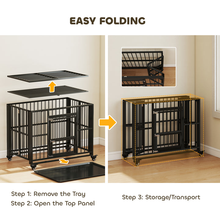 43" Heavy Duty Dog Crate, Foldable Dog Cage, with Openable Top, Locks, Removable Tray, Wheels - Black