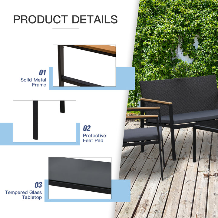 MCL 4 Pieces Rattan Garden Furniture Set, 4 Seater Garden Sofa Set with Loveseat, 2 Armchairs and Glass Top Coffee Table, Wicker Outdoor Conservatory Furniture with Cushions for Patio, Black