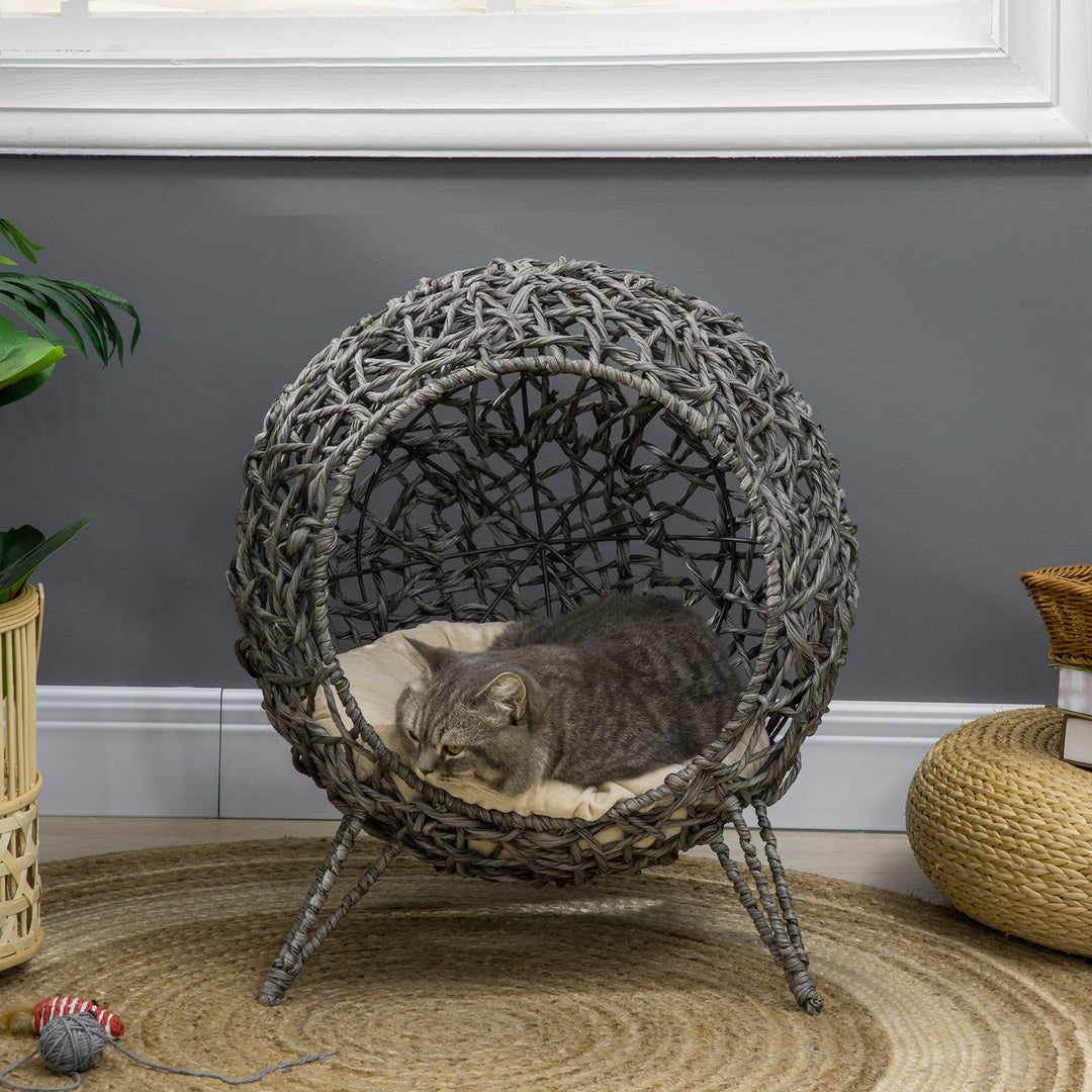 PawHut Rattan Elevated Cat Bed: Cosy Ball-Shaped Kitten Abode with Removable Cushion, Silver-Tone and Grey | Aosom UK