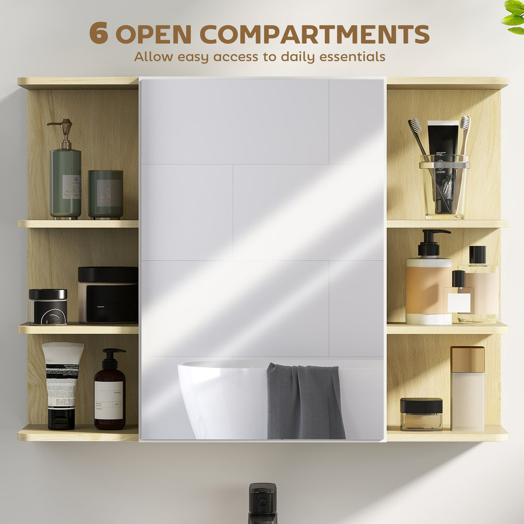 Bathroom Mirror Cabinet with Open Storage Shelves - Natural Wood Finish