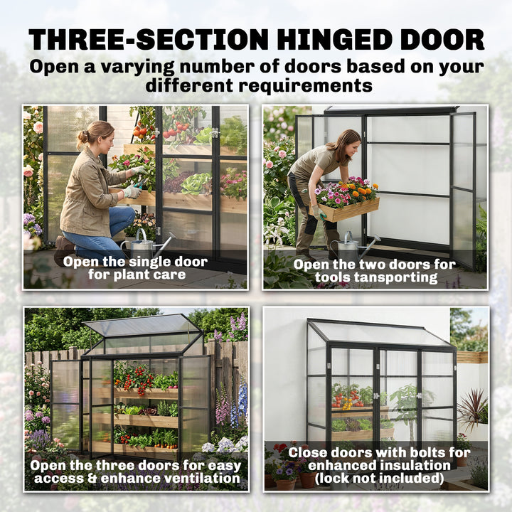 Polycarbonate Greenhouse with 3 Hinged Doors, Top Vent, Lean-to Green 