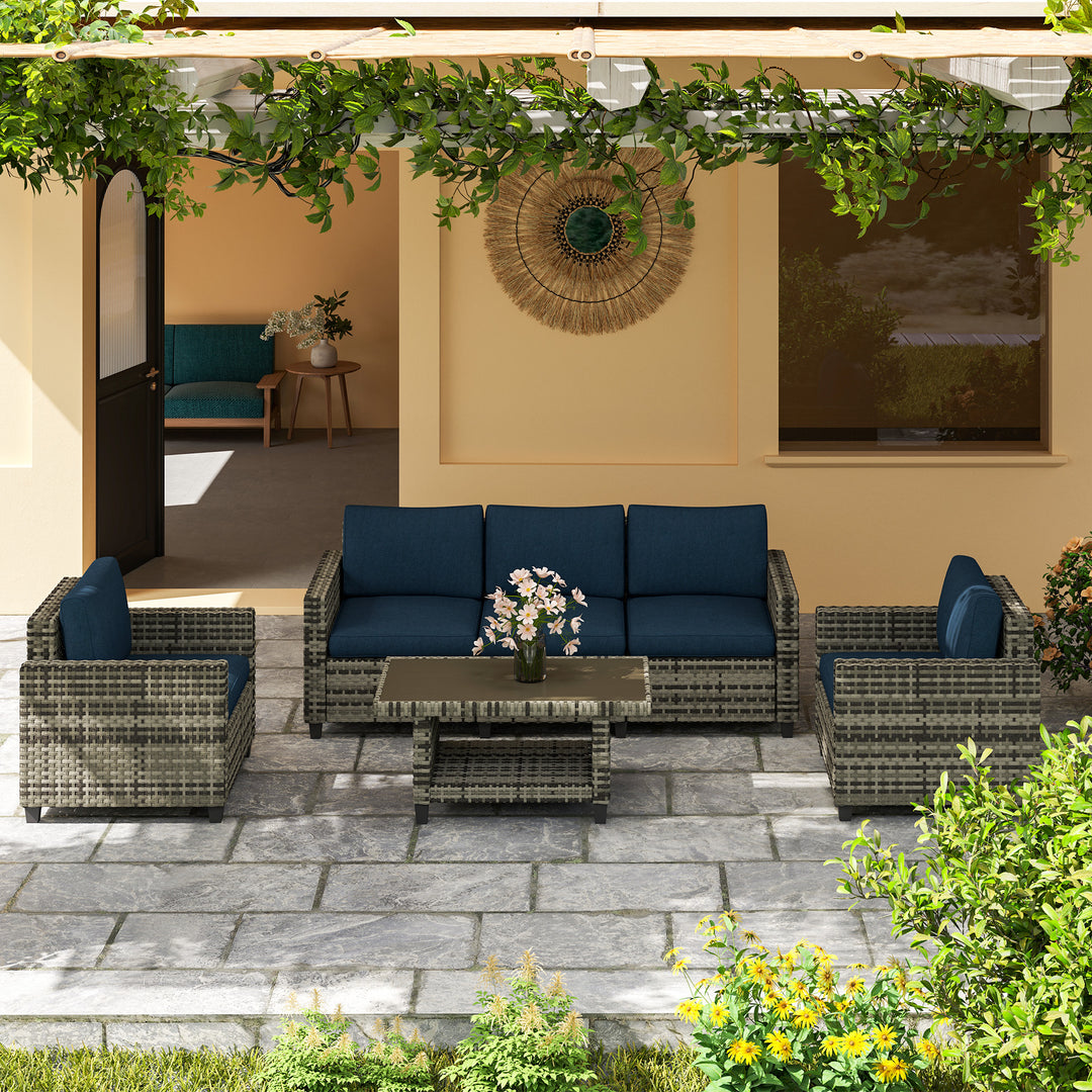 Six-Piece Modular Rattan Sofa Set - Navy Blue