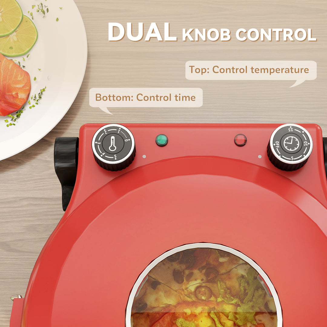 1200W Pizza Oven, 12 Inch Electric Pizza Maker with Viewing Window, Dual Knob Temp & Timer Control, Overheat Protection, Red
