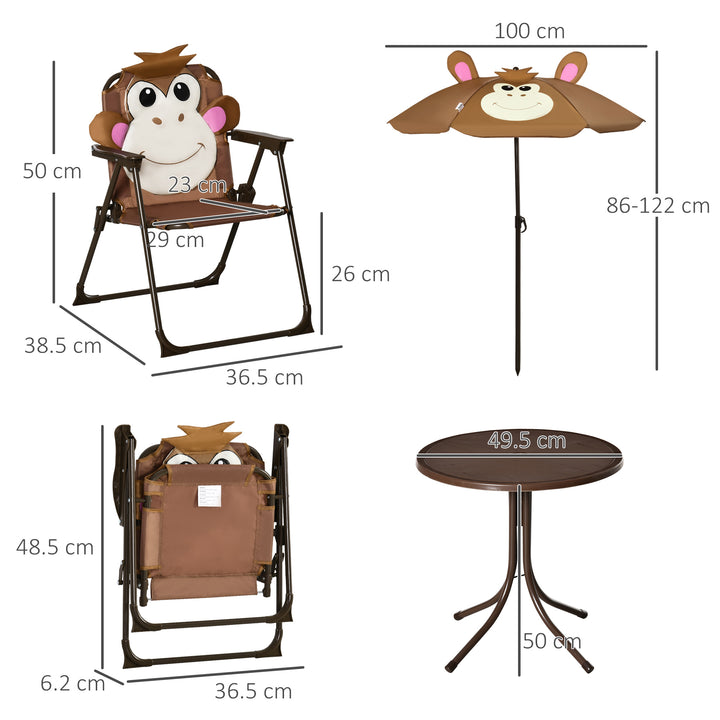 Outsunny Kids Picnic & Table Chair set, Outdoor Folding Garden Furniture w/ Monkey Design, Removable, Adjustable Sun Umbrella, Ages 3