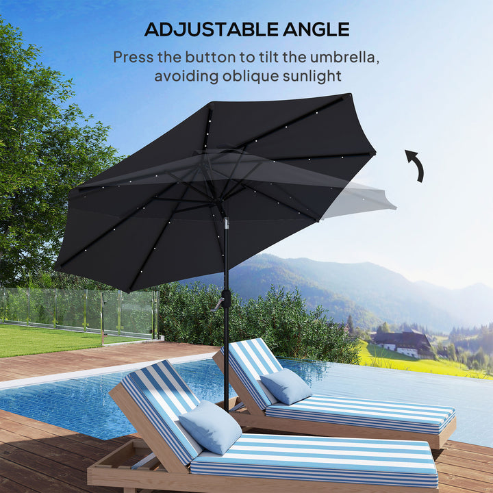 Φ2.7m Garden Parasol Solar Outdoor Tilt Sun Umbrella Patio Sun Shade w/ 24 LED Light, Hand Crank and 8 Ribs, Black