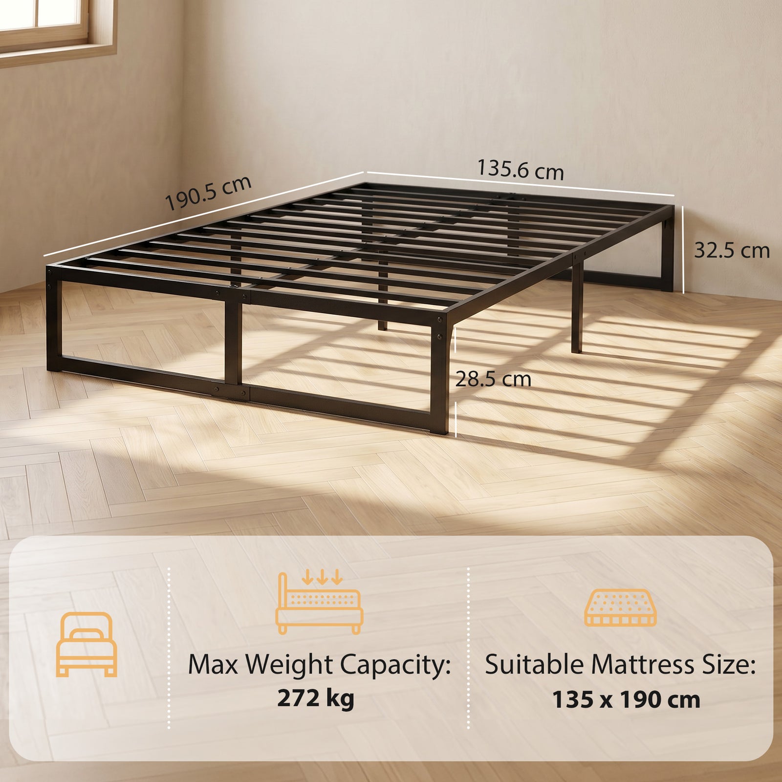 4ft6 Double Bed Frame with Underbed Storage and Steel Slat Support, 32