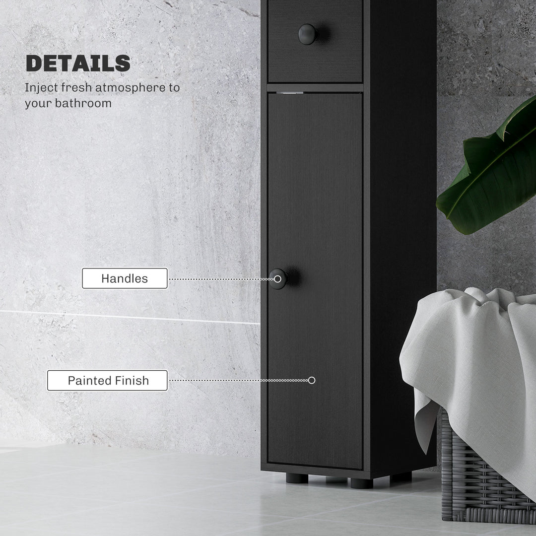 180cm Slim Bathroom Cabinet, with Drawer, Shelves and Cupboards - Black