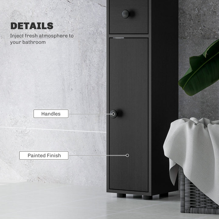 180cm Slim Bathroom Cabinet, with Drawer, Shelves and Cupboards - Black