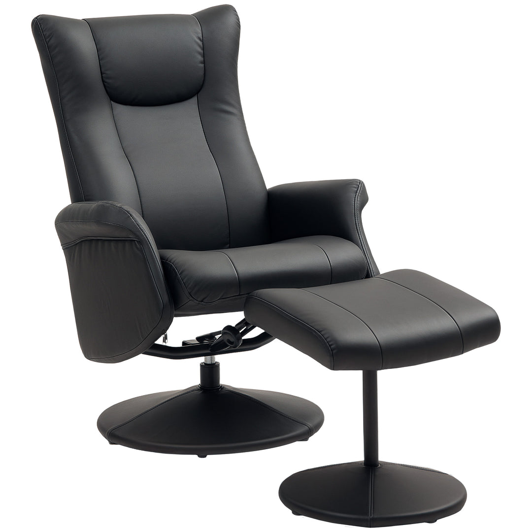 Swivel Recliner Chair with Footstool, PU Leather Recliner Armchair with Adjustable Back and Steel Frame, Reclining Chair Lounge with Flared Armrests for Living Room, Black