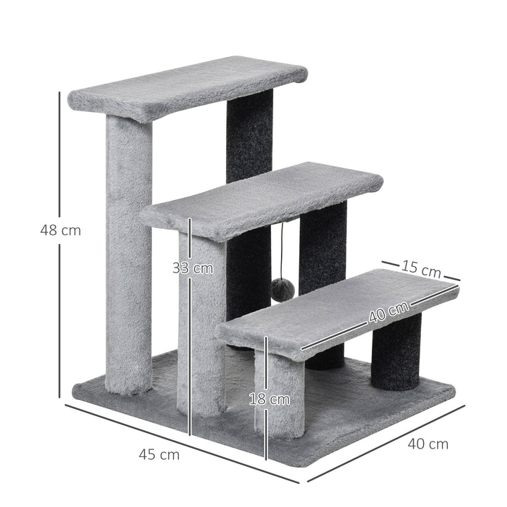 PawHut 3-step Pet Stairs with Scratching Posts, Platforms, Toy Ball, Grey