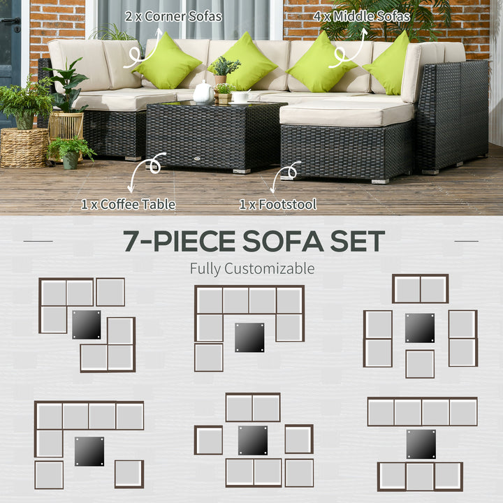 7-Seater PE Rattan Corner Sofa Set, Garden Furniture Set, Patio Wicker Sofa Seater w/ Cushion, Washable Cushion Cover & Tempered Glass Table, Brown