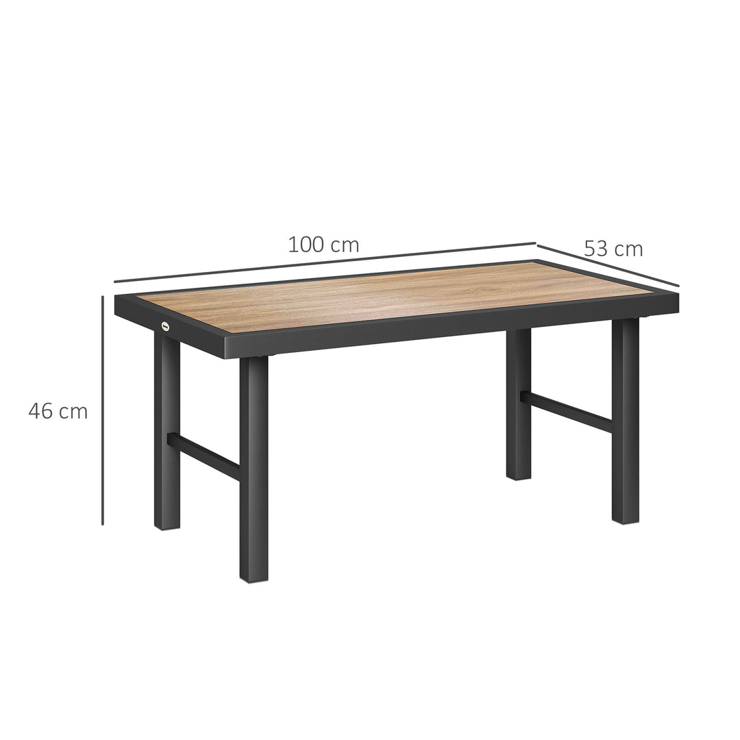 Metal Garden Coffee Table, Outdoor Side Table with SPC Woodgrain Tabletop for Outside, Garden, Balcony, Porch, 100 x 53 x 46cm, Brown Wood Effect