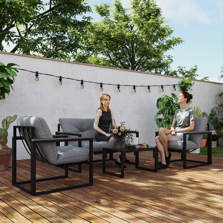 Garden Furniture Set, 4 Piece Indoor Outdoor Conservatory with Loveseat Sofa, Armchairs, Glass Top Coffee Table, Cushions for Balcony, Poolside, Patio, Dark Grey