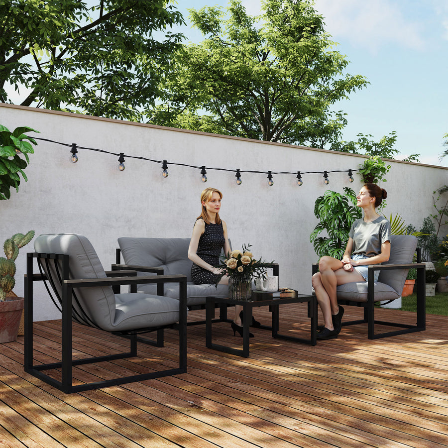 Garden Furniture Set, 4 Piece Indoor Outdoor Conservatory with Loveseat Sofa, Armchairs, Glass Top Coffee Table, Cushions for Balcony, Poolside, Patio, Dark Grey