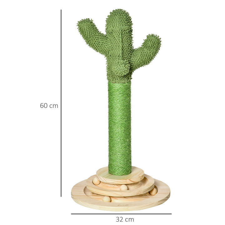 PawHut Cactus-Shaped Cat Tree Tower, Green, with Sisal Scratching Post, Hanging Ball, Funny Cat Ball Platform, 32 x 32 x 60cm | Aosom UK