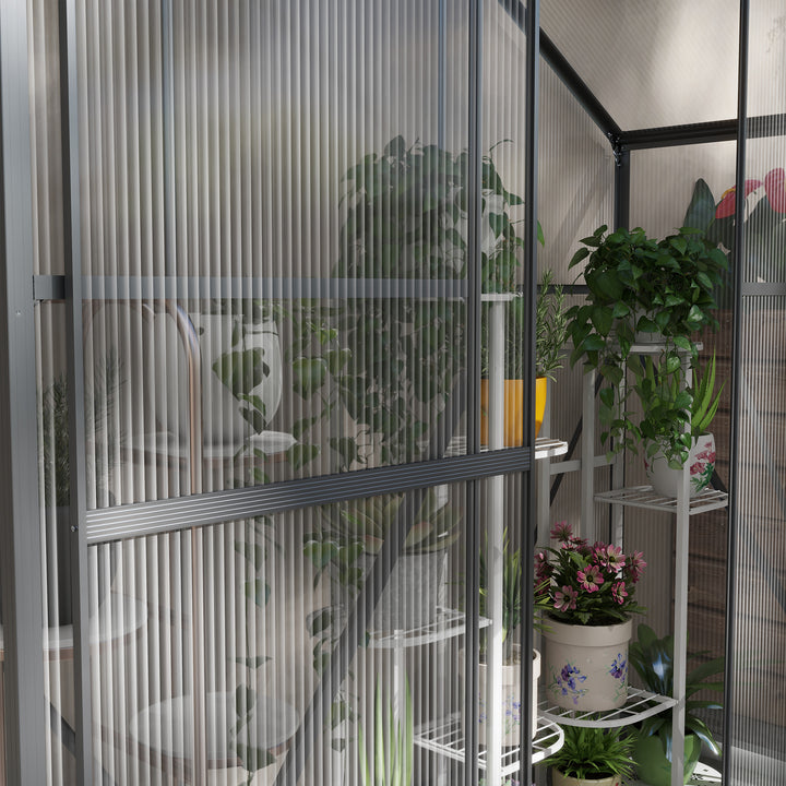 6 x 2.5ft Polycarbonate Greenhouse Walk-In Green House with Rain Gutter, Sliding Door, Window, Foundation, Dark Grey