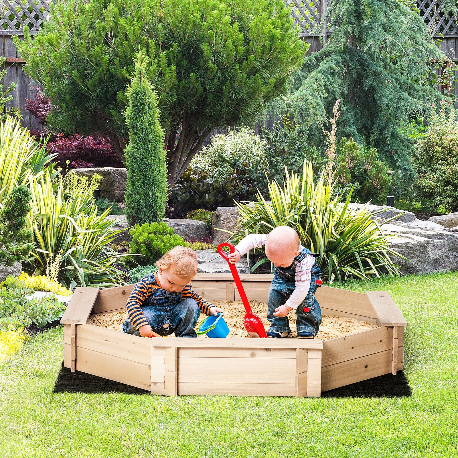 Kids Wooden Sand Pit Children Sandbox with Cover Outdoor Playset for Backyard for 3-8 years 139.5 x 139.5 x 21.5 cm