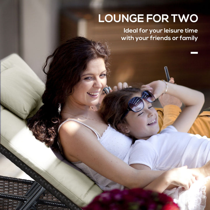 MCL Double Rattan Sun Lounger, Garden Daybed with 5-Level Adjustable Backrest and Flip Side Trays, Wicker Outdoor Furniture Recliner with Cushions and Pillows for Patio, Cream White