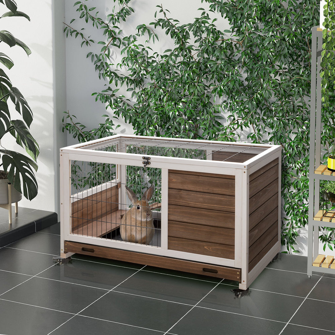 MCL Wooden Guinea Pig Hutch, 2-Floor Bunny Cage w/ Enclosed Run Area, Brown