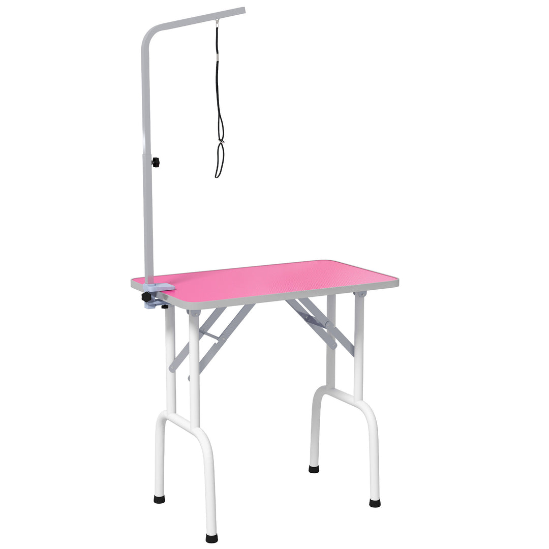32" Foldable Dog Grooming Table Pet Drying Beauty Table Adjustable Fixed Arm Rubber Top, Pink