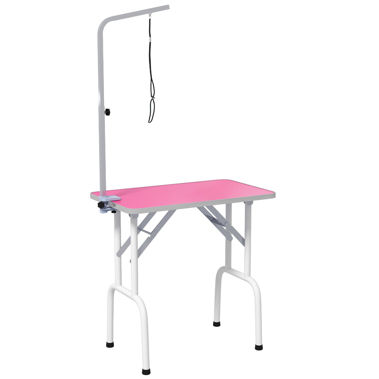 32" Foldable Dog Grooming Table Pet Drying Beauty Table Adjustable Fixed Arm Rubber Top, Pink