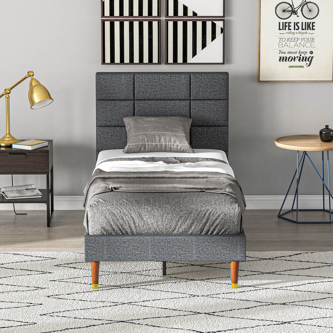 HOMCOM Upholstered Single Bed Frame, with Slats - Grey