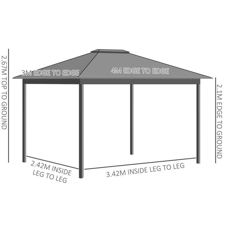 4 x 3(m) Patio Gazebo Canopy, with Vented Roof, Netting, Curtains, Aluminium Frame, Grey