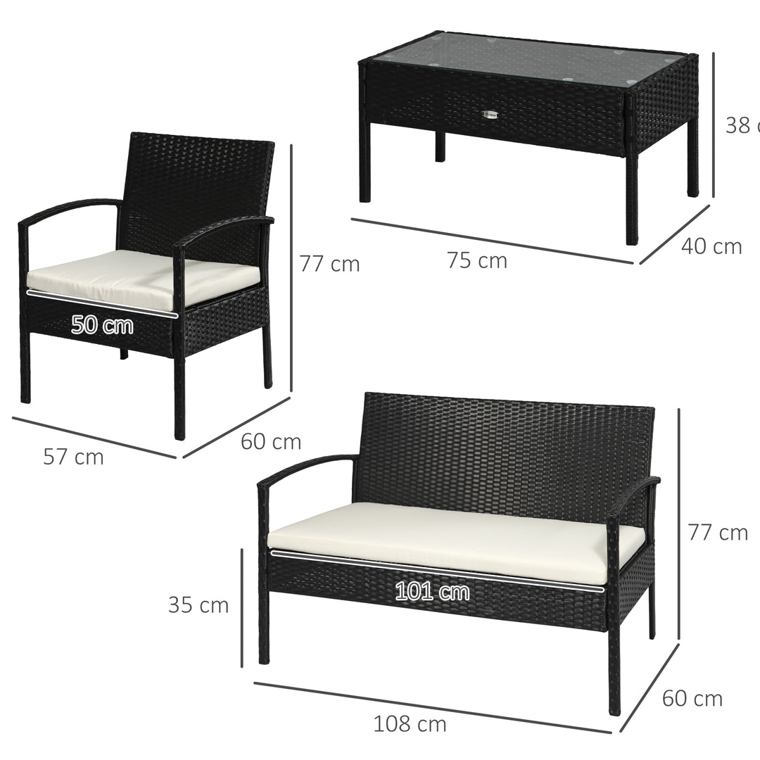 4 Pieces Rattan Garden Furniture Set, 4 Seater Garden Sofa Set with Loveseat, Armchairs and Glass Top Table, Wicker Conservatory Furniture with Cushions for Patio, Balcony, Black