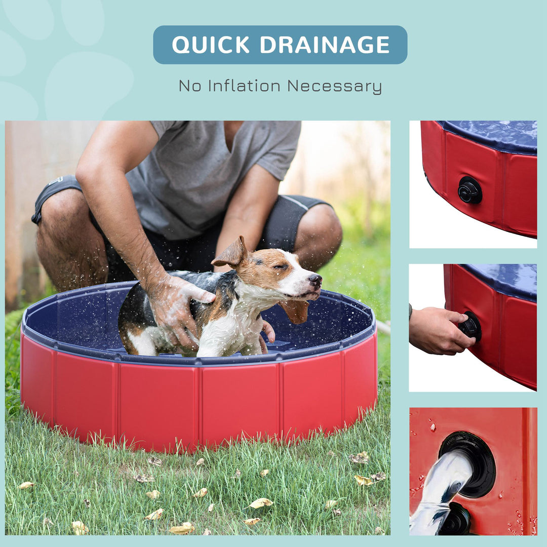 Foldable Dog Pool, 80 x 20 cm Pet Paddling Pool with Wood Board Support and Anti-Slip Bottom, Portable Doggy Paddling Pool for Garden and Outdoor Use, Red