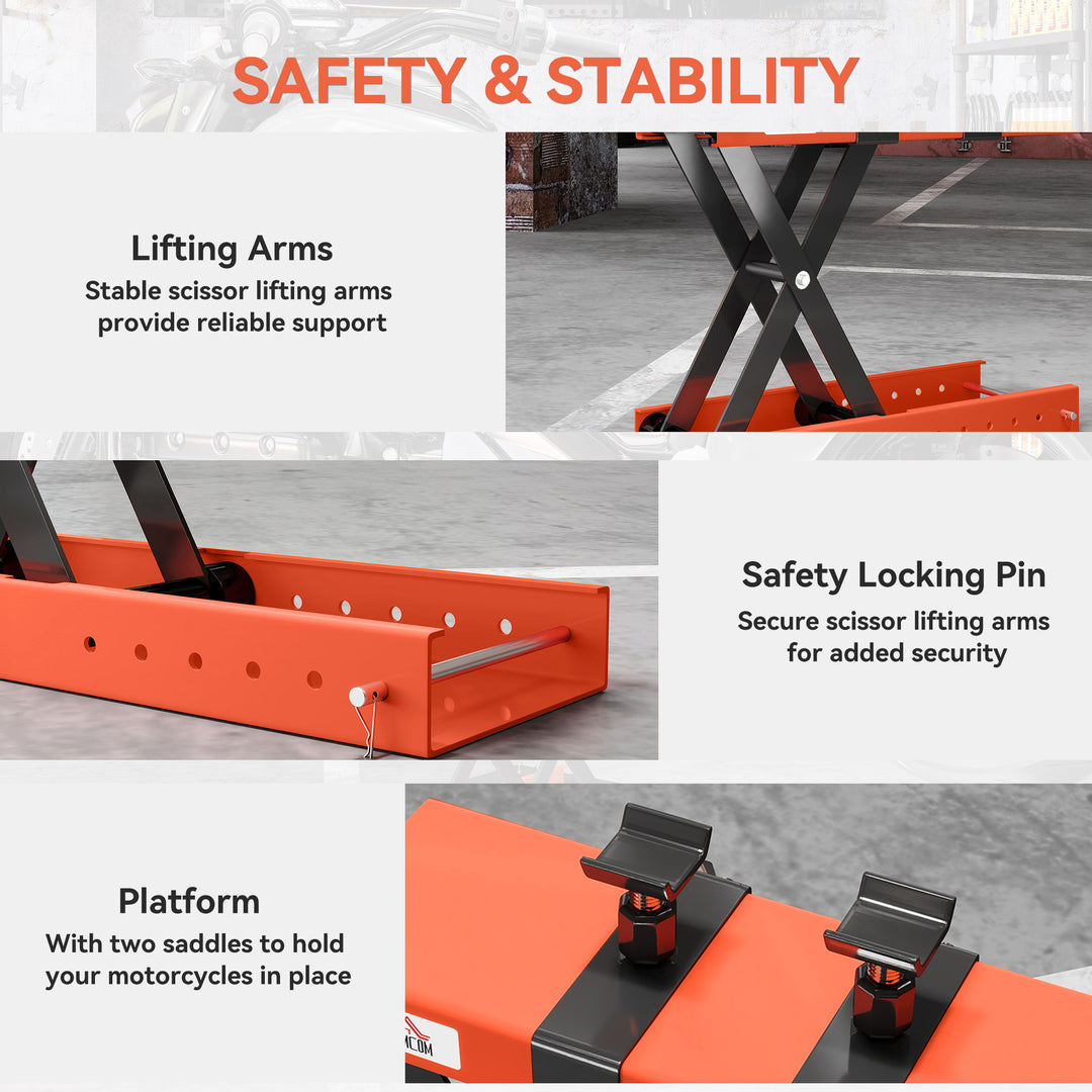 500 kg Motorcycle Scissor Lift Jack, Heavy Duty Steel Adjustable Motorbike Lifting Hoist Stand with Safety Pin, Foldable Lifter for Dirt Bike Repair Maintenance, 45x15 cm Large Platform, Orange