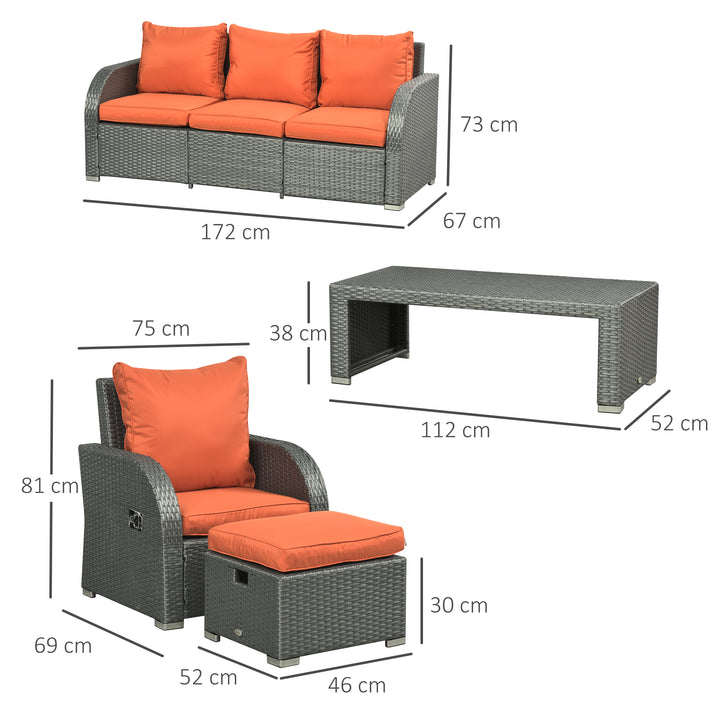 Six-piece Outdoor Rattan Dining Set, Outdoor Sofa Set with Reclining Armchairs and Mental Frame, Orange