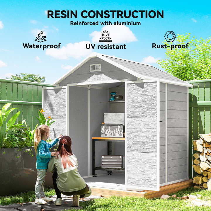 6 x 5ft Garden Shed, Plastic Shed with Floor, Window, Lockable Doors and Vents, Wood Effect Resin Tool Shed for Outdoor Patio, Light Grey