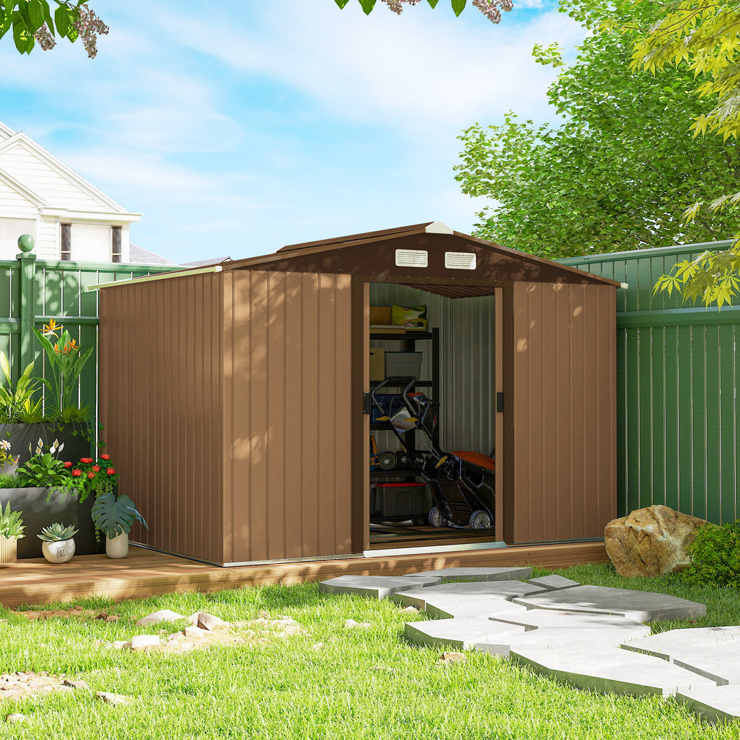 MCL 9 x 6ft Metal Garden Shed, Outdoor Storage Tool House with Ventilation Slots, Foundation Kit and Lockable Double Doors, Light Brown