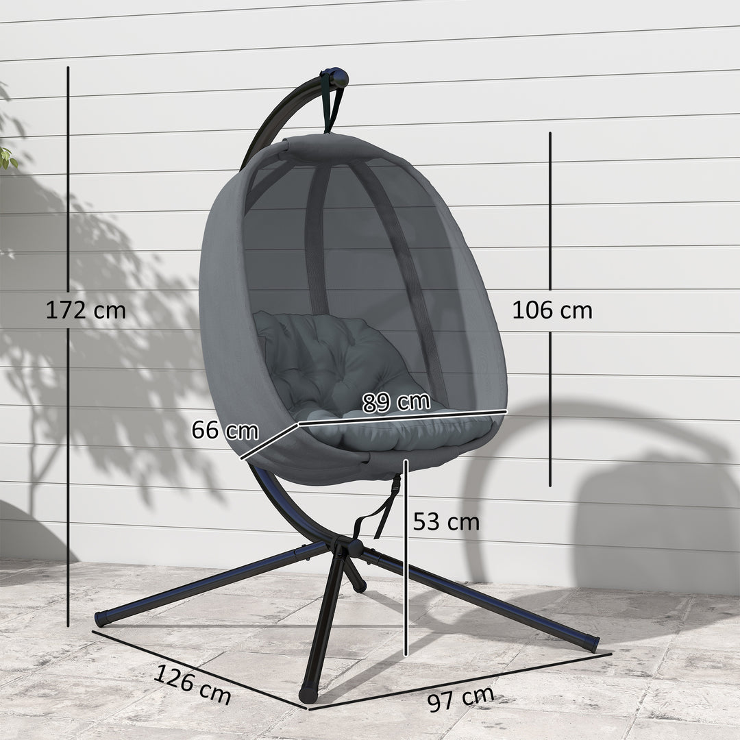 MCL Hanging Egg Chair, Folding Texteline Swing Hammock with Side Pocket, Cushion and Stand for Indoor Outdoor, Patio Garden Furniture, Grey