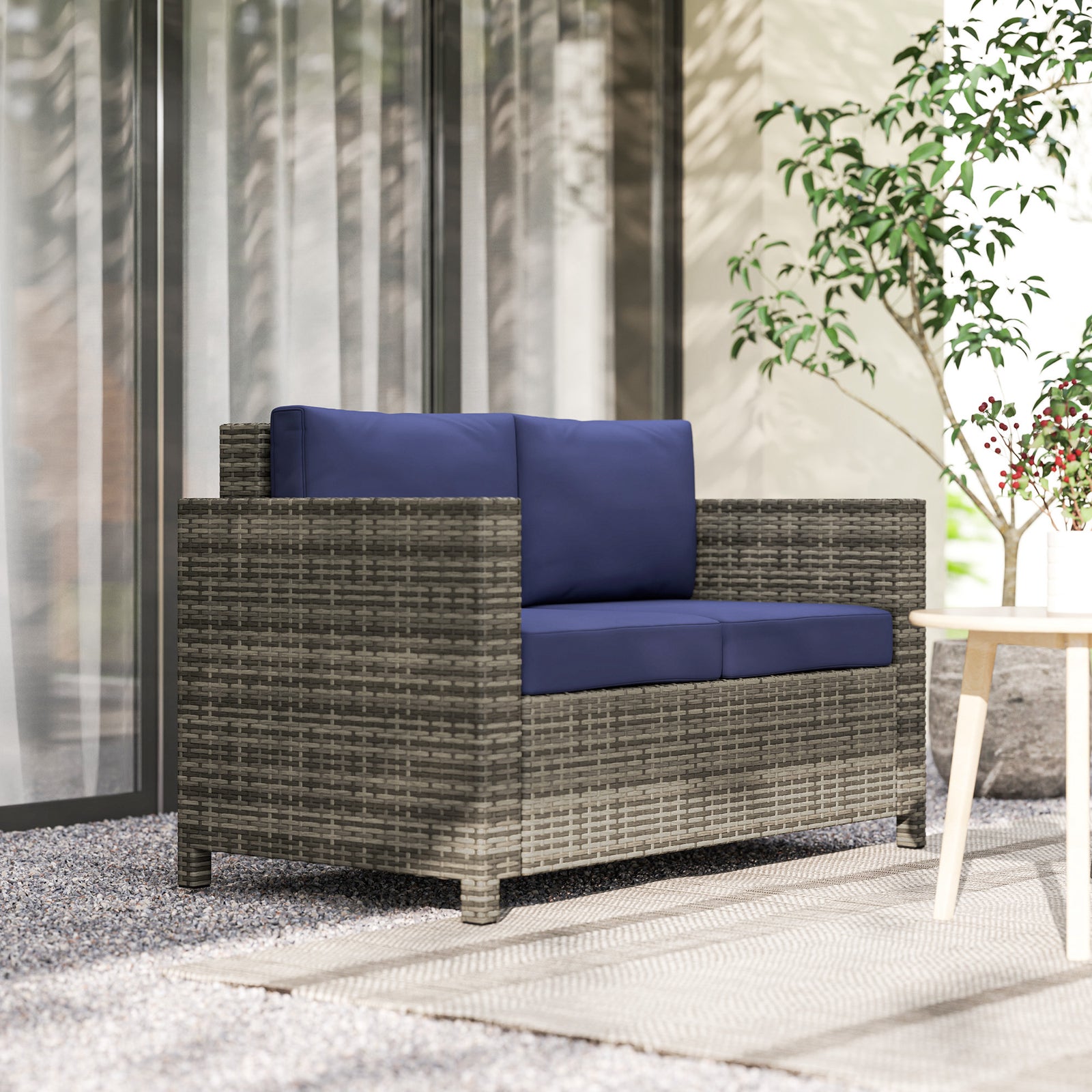 Rattan Sofa, 2 Seater Garden Furniture with Soft Padded Cushion and Armrests, Wicker Garden Loveseat for Patio, Navy Blue