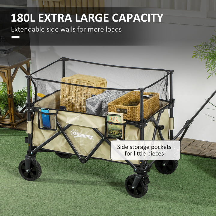 Outsunny Folding Trolley Wagon Cart, 180L with Extendable Side Walls for Beach, Camping, Festivals, Khaki