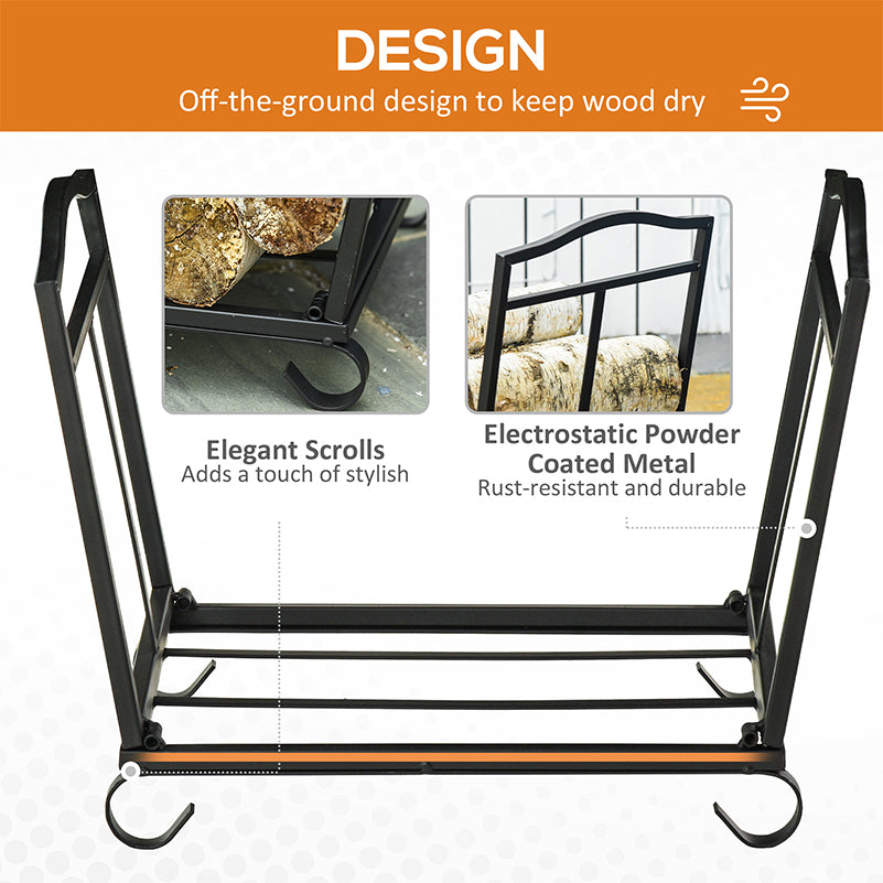 Metal Firewood Log Holder Indoor Outdoor Folding Firewood Rack Fireplace Wood Storage Shelf w/ Scrolls, Rust-Resistant, Black, 48L x 34W x 37Hcm