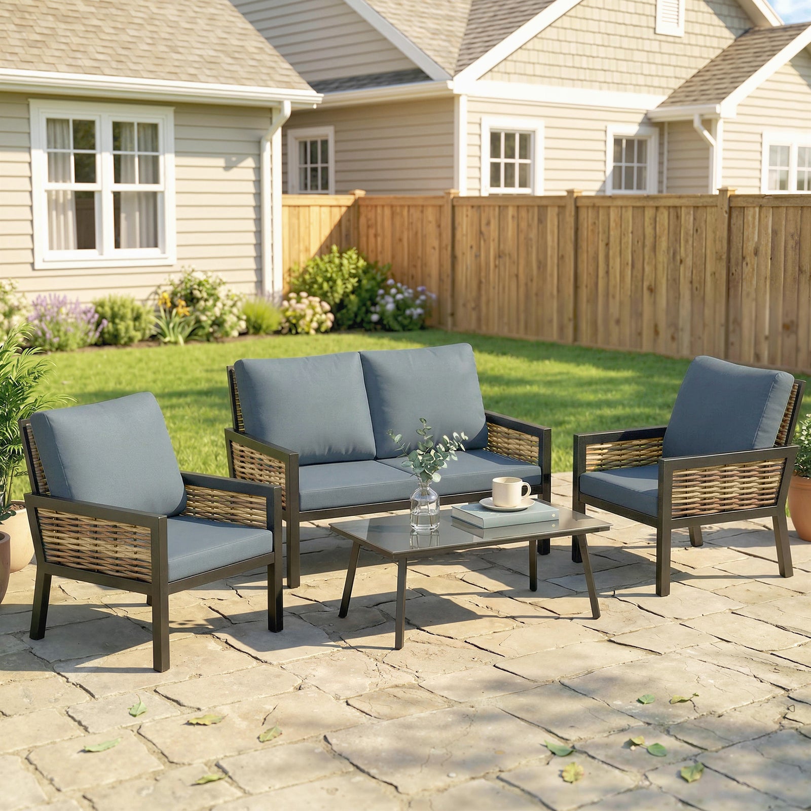 4 Seater Rattan Garden Furniture Set with 2 Armchairs, Loveseat, Coffe