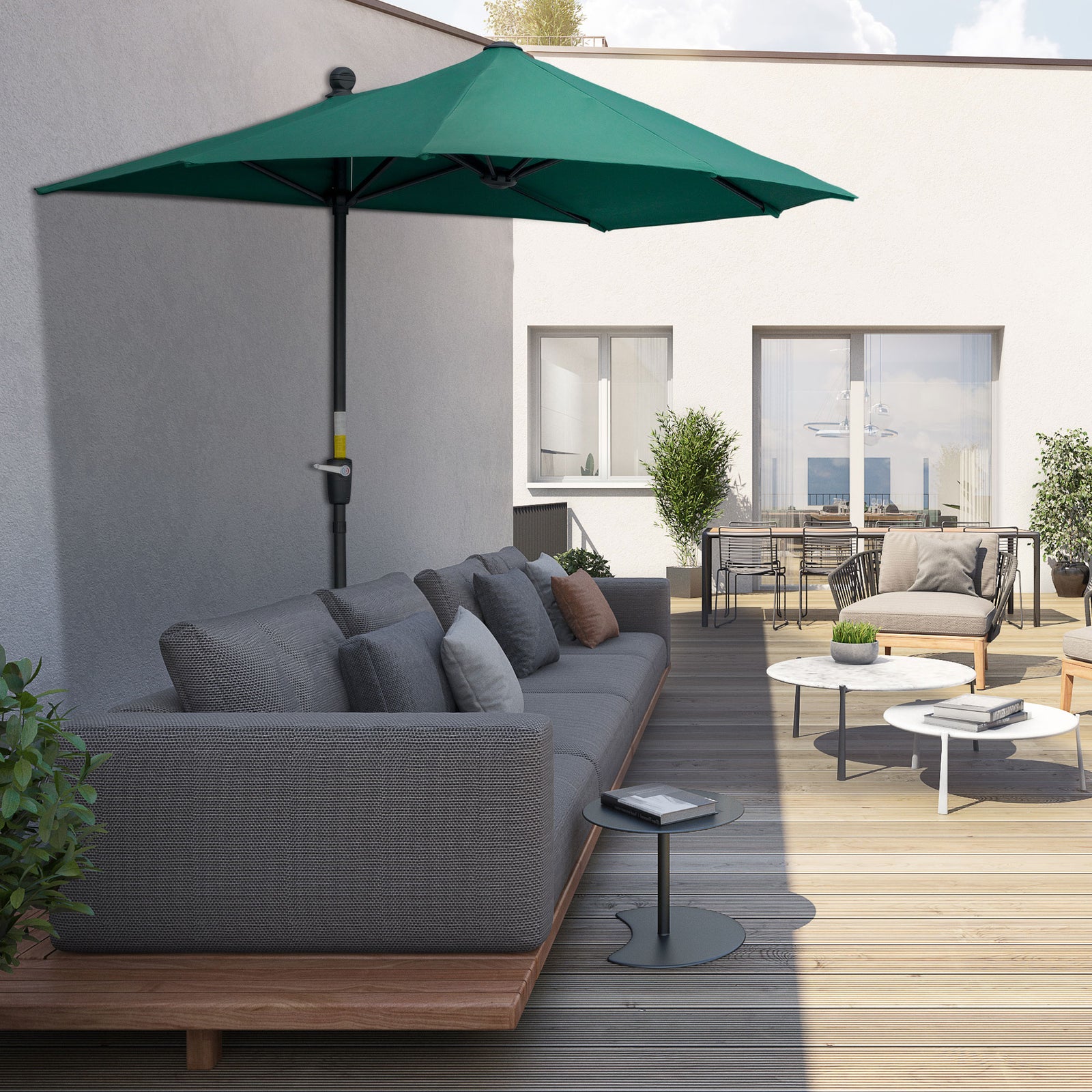 2m Half Parasol Market Umbrella Garden Balcony Parasol with Crank Handle, Base, Double-Sided Canopy, Dark Green