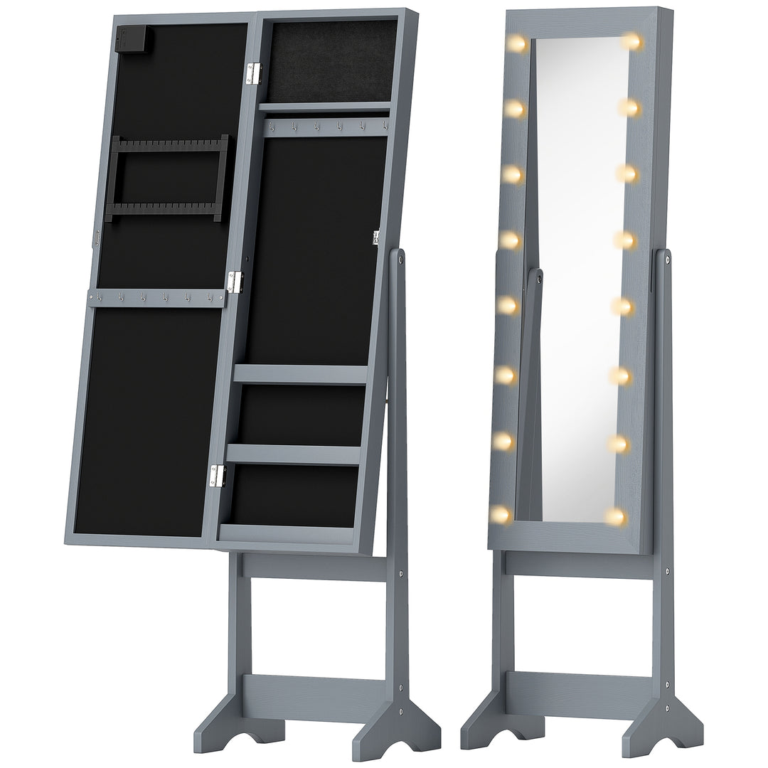 Freestanding Mirror Jewelry Cabinet with LED Lights, Jewellery Organiser with 3 Angle Adjustable, Full-Length Mirror with Storage for Earrings, Necklaces, Rings and Lipsticks, Grey