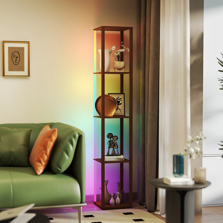 RGB LED Floor Lamp with Shelves, Modern Dimmable Standing Lamp with Remote Control, Adjustable Brightness & Speed for Living Room, Bedroom, Office, Brown