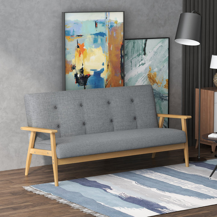 3 Seater Sofa Modern Linen Fabric Upholstery Tufted Couch with Rubberwood Legs for Living Room and Kitchen, 155cm, Dark Grey