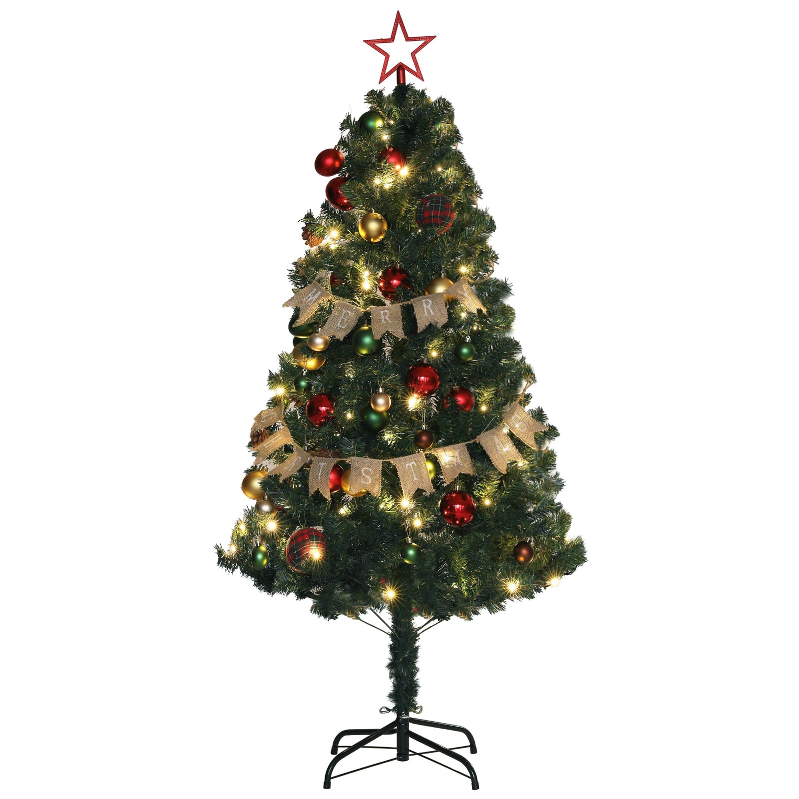 5ft Pre-Lit Xmas Tree with Decorations, Green, Red and Warm White