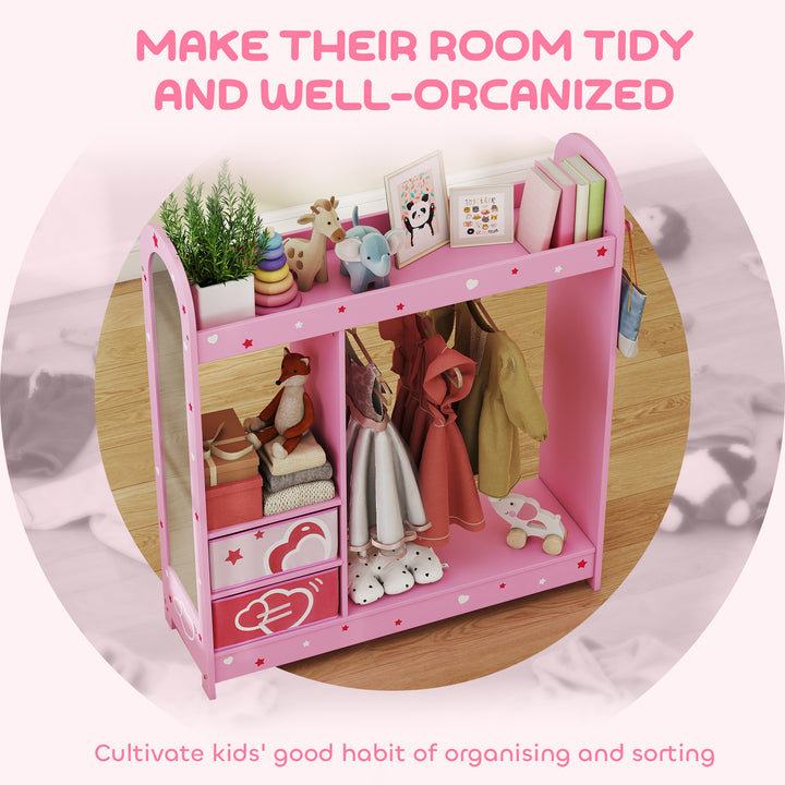 Kids Clothes Rail, Kids Wardrobe with Mirror, Shelves, Fabric Storage and Hooks for Bedroom, Nursery